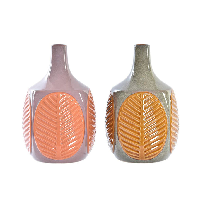 Vase DKD Home Decor Brun Pink Stentøj Blad af en plante 17 x 17 x 26 cm (2 enheder)