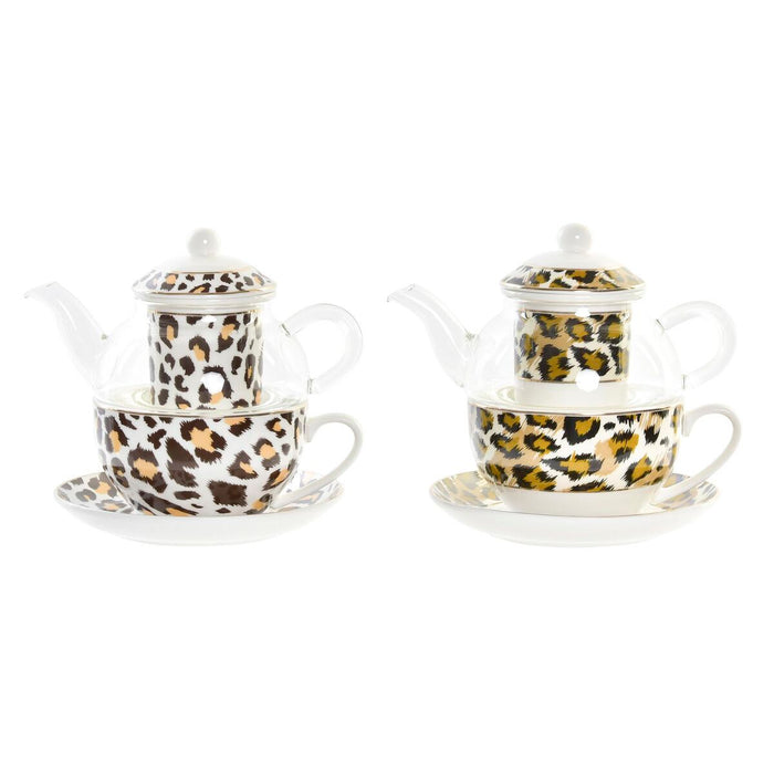 Tekande DKD Home Decor Leopard Krystal Porcelæn Brun Gennemsigtig Hvid (2 enheder)