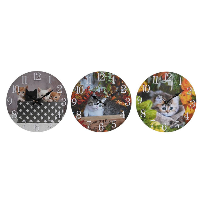 Vægur DKD Home Decor Multifarvet Katte Træ MDF (34 x 4 x 34 cm) (3 enheder)