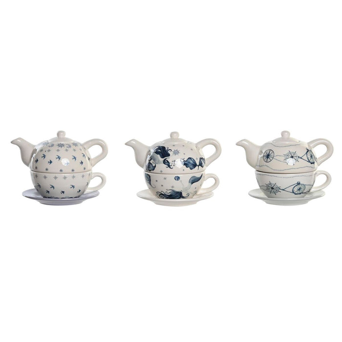 Teselskab-sæt DKD Home Decor Blå Hvid 750 ml Dolomite (3 enheder)
