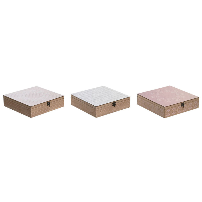 Æske til infusioner DKD Home Decor Krystal Pink Metal Hvid 24 x 24 x 7 cm 3 Dele Træ MDF