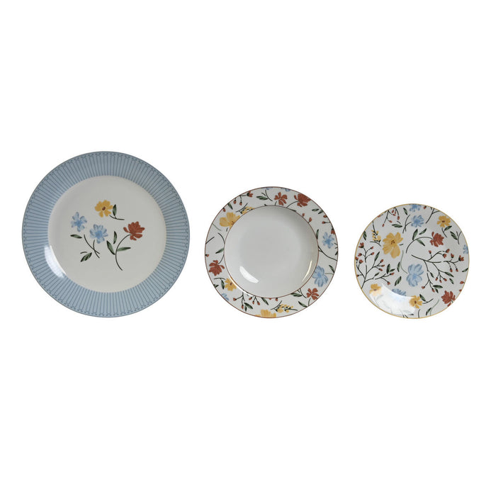 Spisestel DKD Home Decor Blå Hvid Porcelæn Floral 18 Dele 27 x 27 x 3 cm