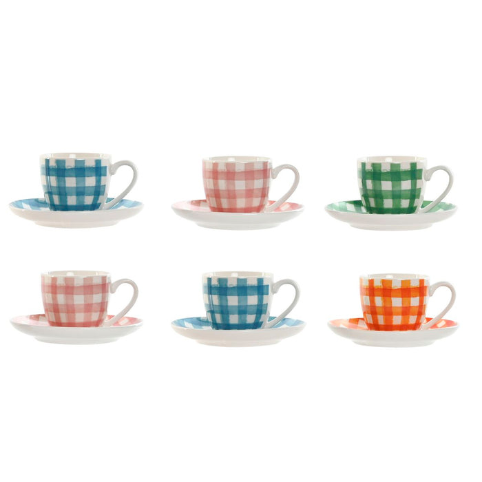 Sæt med 6 kopper og underkopper Home ESPRIT Blå Hvid Grøn Orange Pink Porcelæn 90 ml