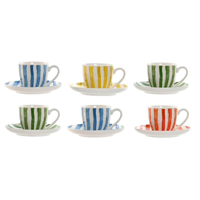 Sæt med 6 kopper og underkopper Home ESPRIT Gul Blå Grøn Koral Porcelæn 90 ml