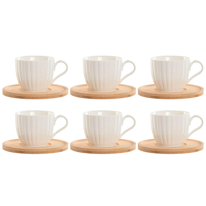 Sæt med 6 kopper og underkopper Home ESPRIT Hvid Natur Bambus Porcelæn 220 ml