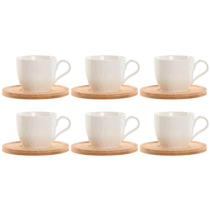 Sæt med 6 kopper og underkopper Home ESPRIT Hvid Natur Bambus Porcelæn 220 ml