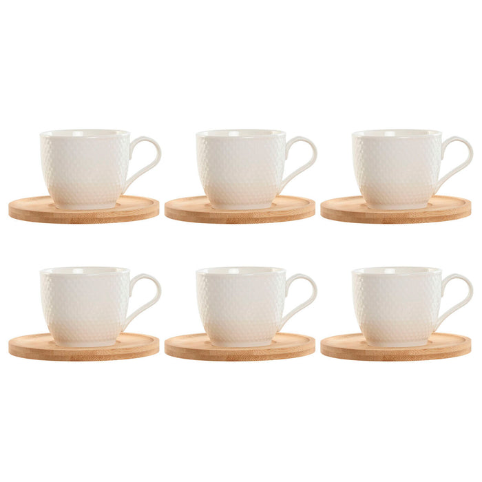 Sæt med 6 kopper og underkopper Home ESPRIT Hvid Natur Bambus Porcelæn 220 ml