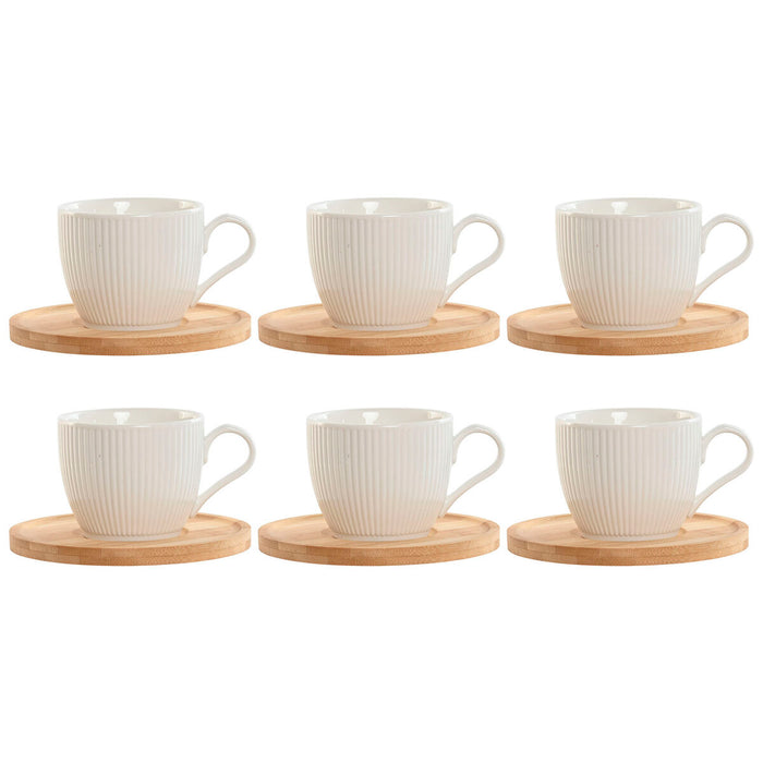 Sæt med 6 kopper og underkopper Home ESPRIT Hvid Natur Bambus Porcelæn 220 ml