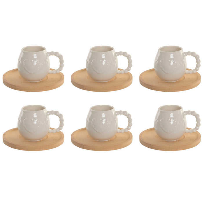 Sæt med 6 kopper og underkopper Home ESPRIT Hvid Bambus Porcelæn 150 ml