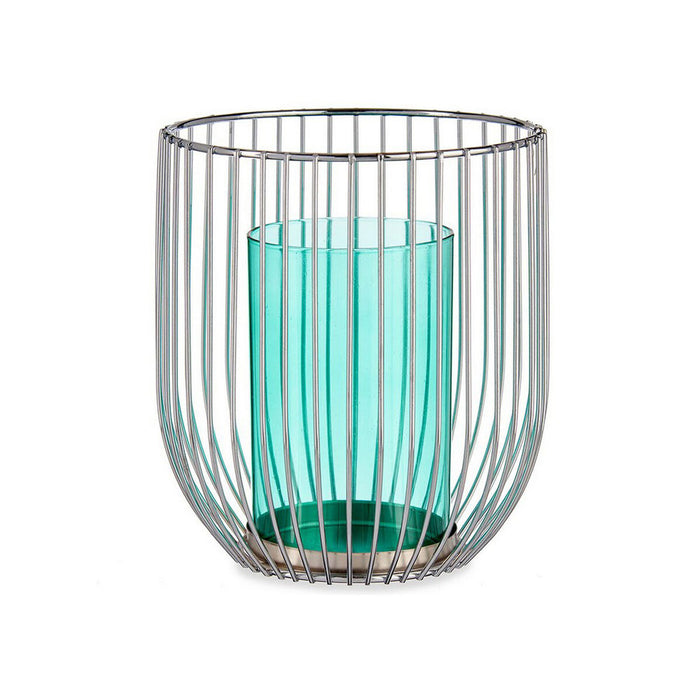 Lyseholder Sølvfarvet Blå Bur Metal Glas (15 x 17 x 15 cm)