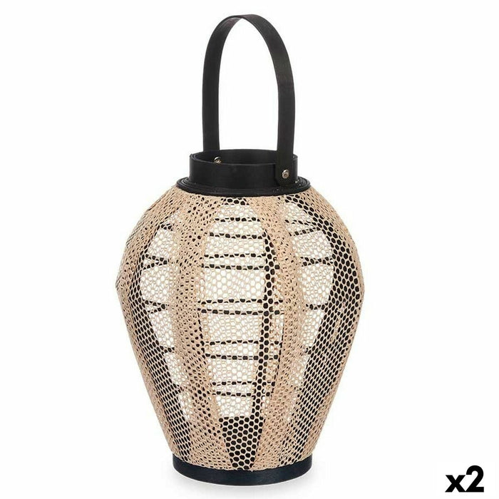 Lyseholder Laantarn Med håndtag Beige Træ Klæde 25 x 30 x 25 cm (2 enheder)