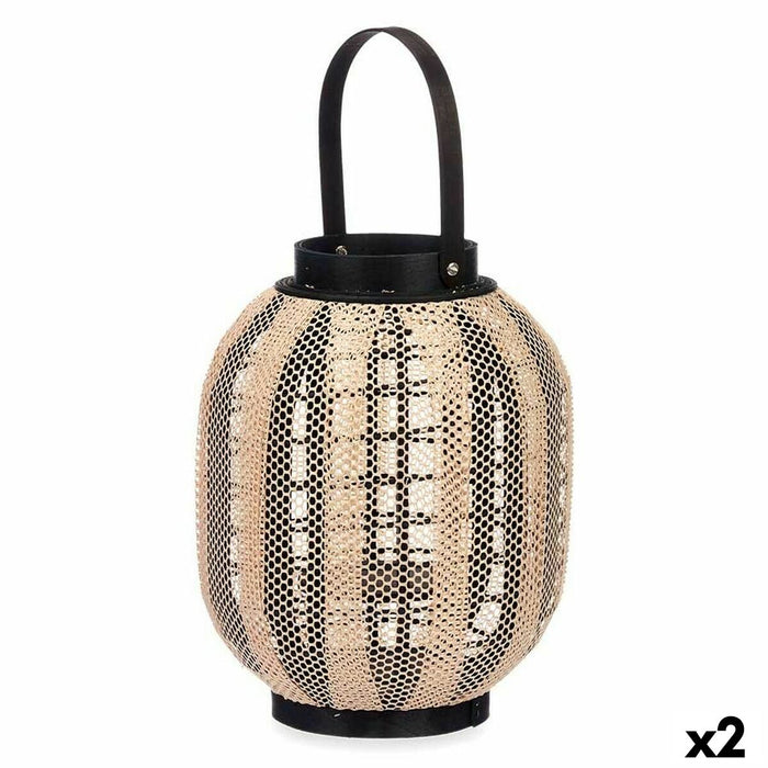 Lyseholder Laantarn Med håndtag Beige Træ Klæde 27 x 32 x 27 cm (2 enheder)