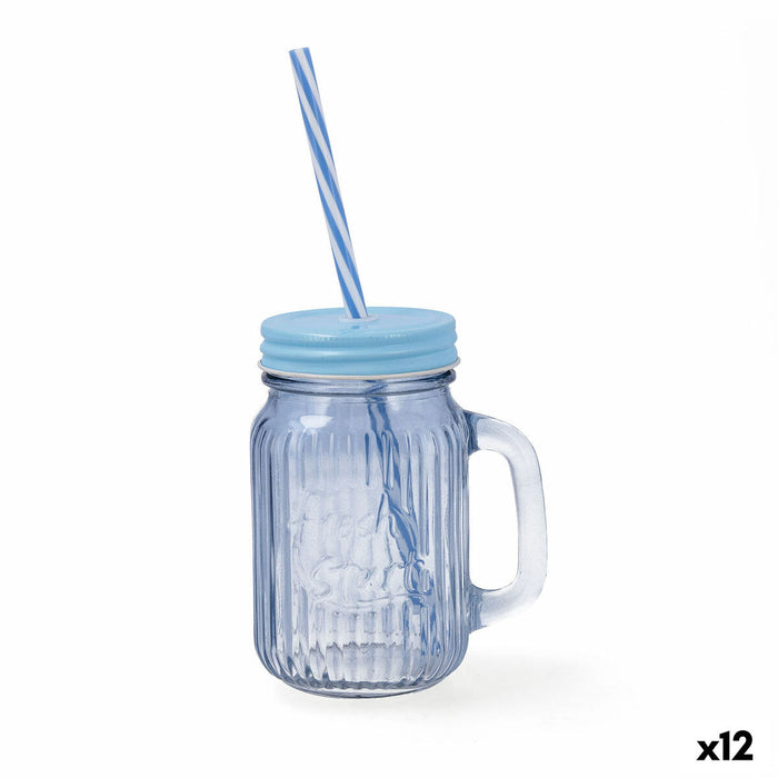 Beholder med Låg og Sugerør Quid Maison Blå Glas 450 ml (12 enheder)